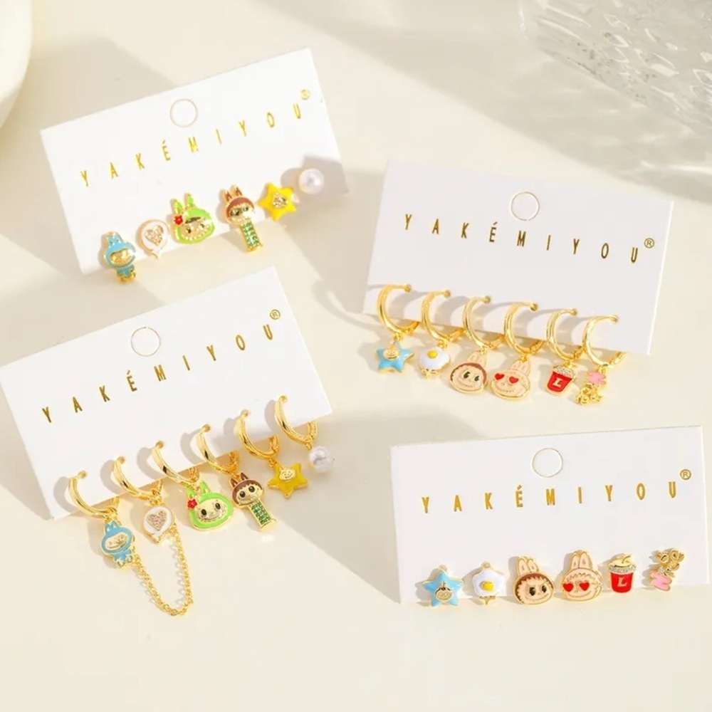 Labubu Inspired 14K Gold Monster Pez Theme Enameled Earrings Mismatched Set - Picture 5 of 6